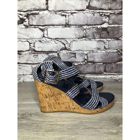 Cole Haan Shoes - Cole Haan Grand OS Blue White Stripe Leather Cork Wedge Sandals Women Sz 7.5B US